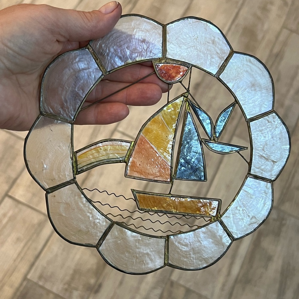 Sailing Boat & Seagull Capiz Shell Round Sun Catcher Window Hanger Beach House